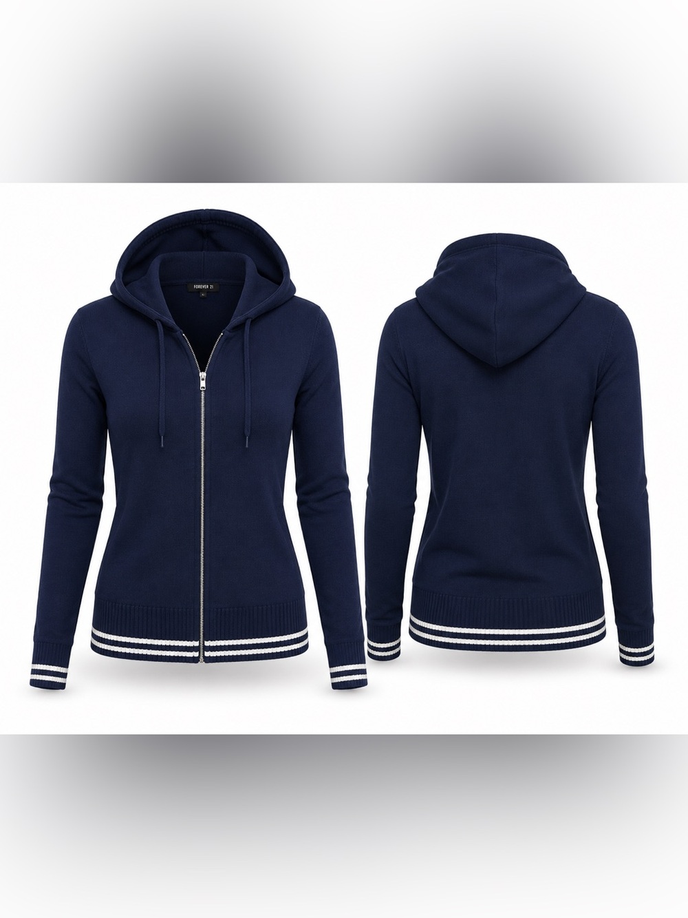 Forever 21 Navy Hooded Half-Zip Pullover with Stripe Trim